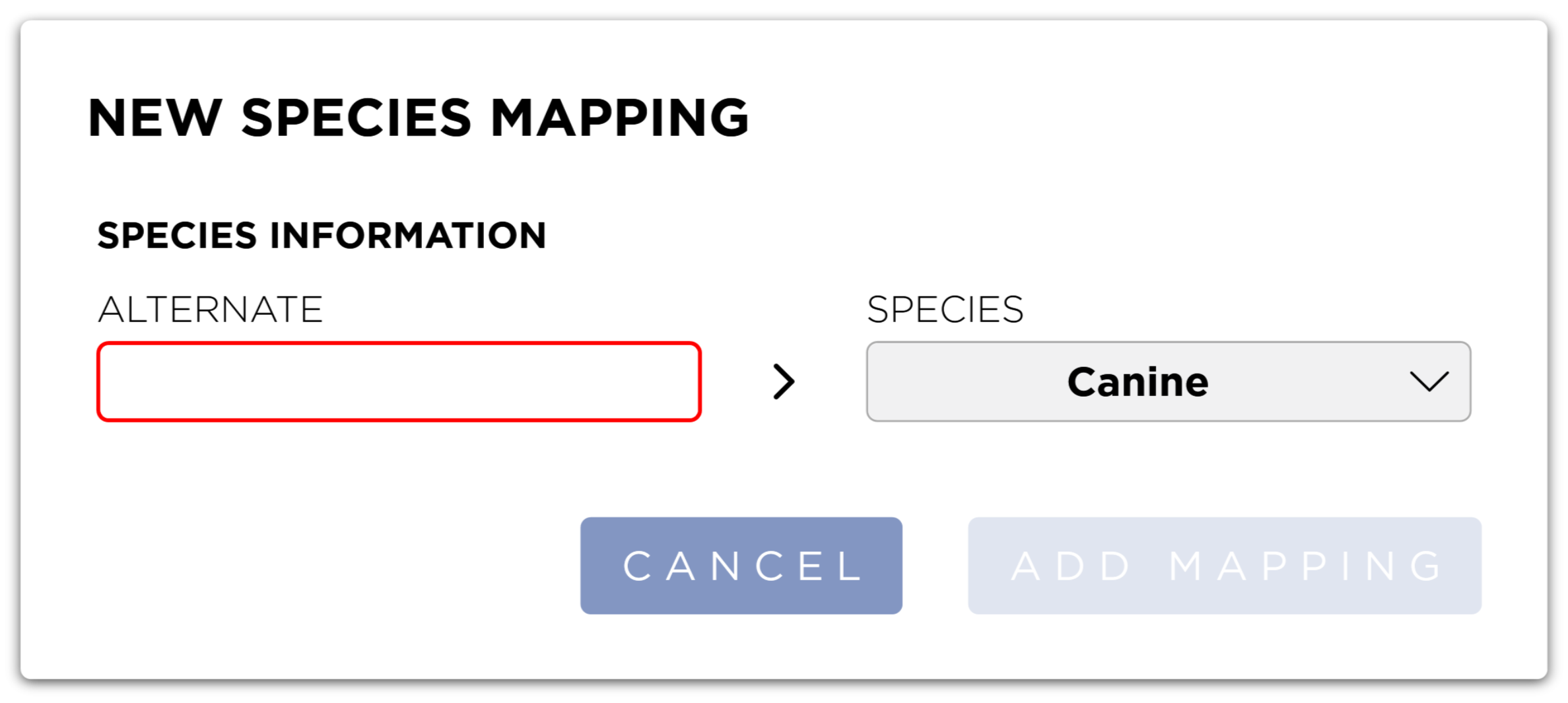 New Species Mapping Dialog
