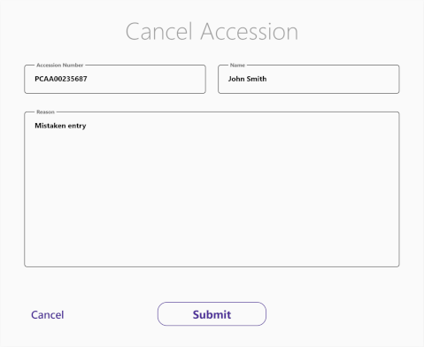 Cancel Accession Dialog Filled